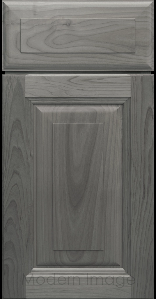 Durango raised panel cabinet door in a Pewter stain featuring a stepped molded frame.